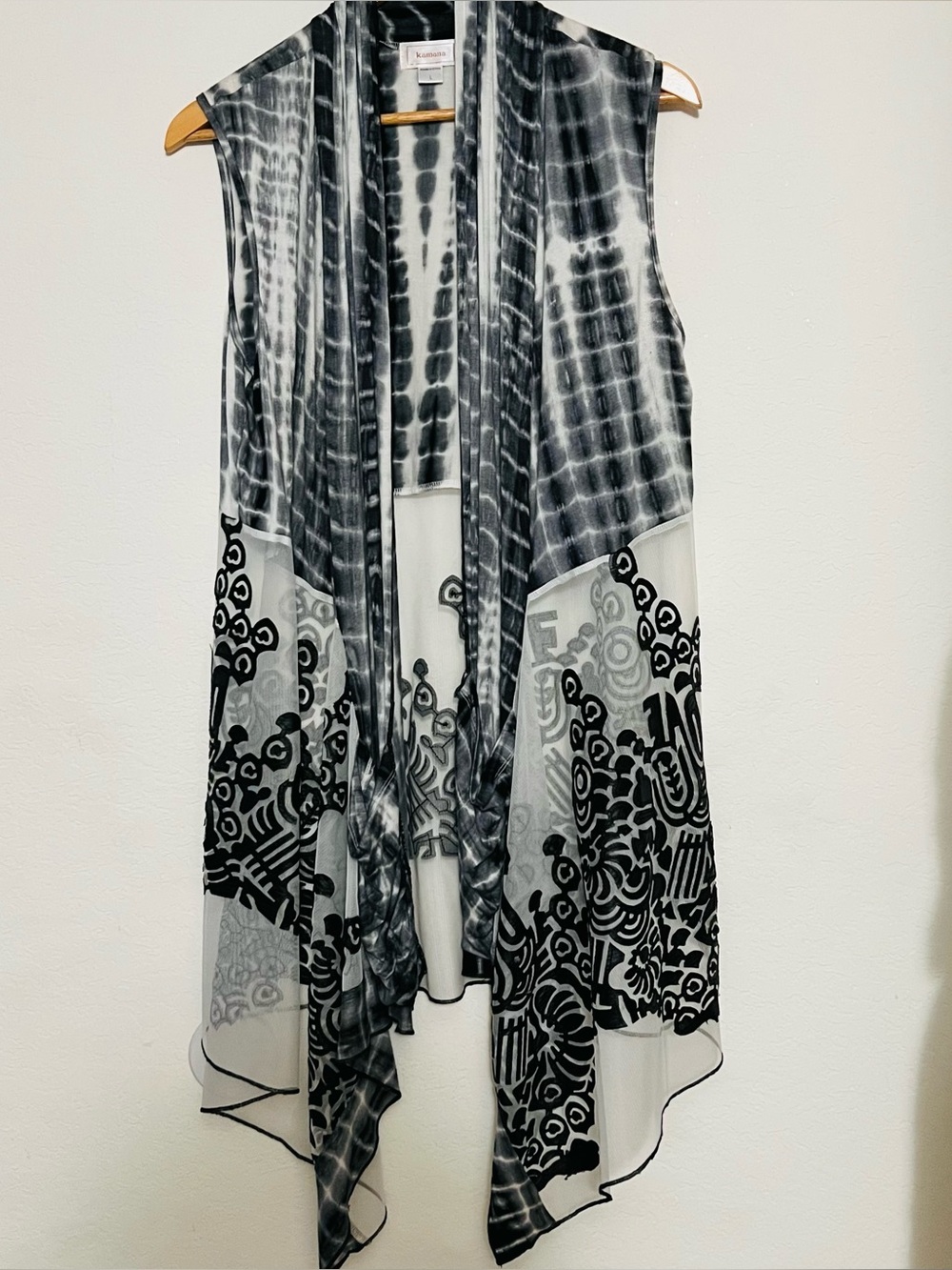 Kamana SZ Lg Kimono Vest Black Tye Dye Burnt Out Drapey Sheer Sexy Cover Up